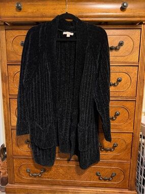 Woman Within Black Ribbed Open-Front Chenille Cardigan